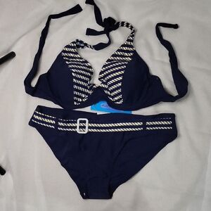 Elegant Navy Bikini with White Accents Size L